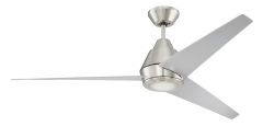 The Acadian Indoor Fan - ACA56BNK3 is a sleek modern ceiling fan with three silver blades and a metallic finish. It offers wall control, dimmable LED light, and features a minimalist central hub with a cylindrical rod for seamless ceiling attachment and i