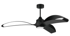 The Bandeaux 60" Ceiling Fan (BDX60FB3-NWF) features three curved black blades, a central dimmable LED light, and a sleek, contemporary design. Suspended by a black rod, it is energy-efficient and damp rated for versatile use.
