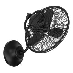 The Bellows I Hard-wired Indoor/Outdoor Fan - BW116FB3-HW is a black wall-mounted fan with a 3-speed oscillating motor and protective grille displaying three visible blades. Its modern design subtly hints at retro elegance, set against a white background