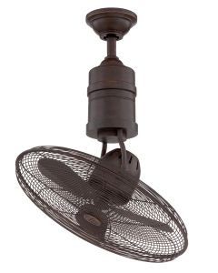 The Bellows III Indoor|Outdoor Fan - BW321AG3 is a bronze-colored, industrial-style ceiling fan with a retro rotating cage, featuring three blades, a protective wire grill, and a powerful 3-speed motor within its cylindrical housing designed with an angle