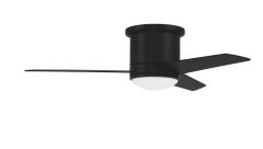 The Cole 44 Indoor|Outdoor Fan - CLE44xxx3 features a sleek black design with two reversible blades, a central dimmable LED light fixture, and modern ceiling-mounted installation.
