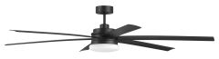 The Chilz 72" Ceiling Fan (CLZ72FB6-NWF) features six curved black blades and a central dimmable LED light, suspended from a short downrod, shown against a plain white background. Damp rated; no WiFi included.
