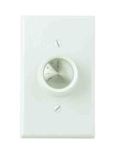 The 4 Speed Rotary Fan Control - CM-4SDH is a white wall-mounted controller with a rotary dial for 4-speed adjustments, marked with numbers for each setting. It features a sleek plate as part of essential wall controls and is secured by two mounting screw