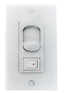 The 3 Speed Fan/Light Control - CM-8W on a white wall plate has two screws and acts as a wall control. It features a circular dimmer knob for light adjustment, a rectangle on/off button with a red indicator, and labeled positions for seamless operation.