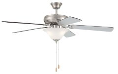 The Decorators Choice Bowl Light Indoor Fan (DCF52xxx5C1W) features a brushed metal finish, five reversible white blades, a frosted glass shade light fixture, two pull chains for easy operation, and a tri-mount system for versatile installation.
