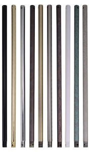 A vertical arrangement of ten 3 Downrods (DR3) in finishes like black, gold, silver, bronze, brown, white, and green. Each elongated metal rod has holes at both ends and is set against a white background.