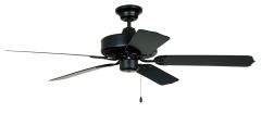 The Enduro Plastic Indoor|Outdoor Fan - END52xxx5P is a black ceiling fan with four evenly spaced blades, mounted on a rod with a pull chain. It features weatherproof ABS construction, making it perfect for wet locations.