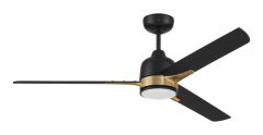 The Fuller Indoor Ceiling Fan (FUL52xxx3) has three black blades and a chic black and gold housing. It includes an LED light fixture, a reversible motor for all-season use, and is elegantly hung on a black downrod, set against a plain white background.