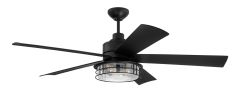 The Garrick Indoor|Outdoor Fan - GAR56FB5 features five blades with a metal cage design, offering a vintage industrial look. Its central LED light warmly illuminates the clear glass, making it both stylish and efficient while mounted on your ceiling.