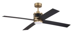 The Gregory 56" Indoor Ceiling Fan (GRG56SBFB4-NWF) features four reversible blades, a gold and black cylindrical motor housing, and a round central LED light kit, shown against a white background.