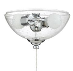 The Bowl Light Kit - LK415-LED is a chrome ceiling fan light kit with a clear seeded glass bowl shade, enclosing two frosted bulb sockets. Its sleek and modern, features a pull chain for easy use, and is compatible with LED filament bulbs for cost-effecti