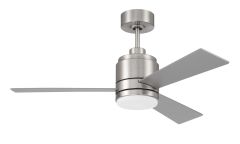 The McCoy Indoor Ceiling Fan - MCY42xxx3 features a sleek, brushed metallic finish, three gray blades, a cylindrical body, and a round flat light fixture at the bottom.