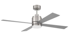 The McCoy Indoor Ceiling Fan - MCY52xxx4 is a modern ceiling fan featuring four sleek silver blades, a central light fixture, and hangs from a cylindrical ceiling mount.