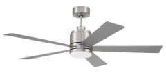 The McCoy Indoor Ceiling Fan - MCY52xxx5 boasts a modern design with a sleek, metallic finish and five flat, rectangular blades. It includes a cylindrical central motor housing and an uncomplicated downrod for effortless mounting, offering minimalist cont