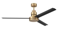 The Mondo 54 Indoor Fan - MND54SBFB3 showcases a sleek gold body with three black blades and a matching gold mount. Its advanced reversible motor combines minimalist design with style and efficiency.