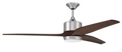 The Mobi Indoor Fan - MOB60CH3 features a metallic silver base with two sleek wooden ABS blades in rich brown and a minimalist design. It includes a cylindrical, dimmable LED light fixture beneath the blades, ideal for contemporary spaces.