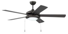 The Nikia Indoor|Outdoor Fan - NIK52ESP5 features a modern design with five dark, reversible blades and a central LED light fixture. It includes two pull chains for easy speed and light control.