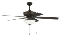 The Craftmade Outdoor Pro Plus 211 Indoor|Outdoor Fan - OP211xxx5-52 features five dark blades, a central light fixture for superior airflow, two pull chains from the light, and is mounted on a short downrod with a dark metallic finish.