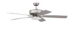 Introducing the Pro Plus 112 Indoor Fan: a modern ceiling fan with brushed nickel finish and five flat blades. It features a dimmable LED light with white diffuser, mounted on a short downrod, ideal for indoor settings. Model: P112xxx5-52.