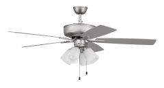 The Pro Plus 114 Indoor Fan (P114xxx5-52) boasts five 52 reversible brushed nickel blades, three frosted glass light fixtures, LED bulbs, and a pull chain switch for easy operation.