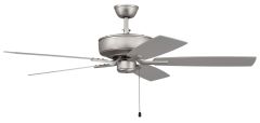 The Pro Plus Indoor Fan - P52xxx5-52 is a sleek silver ceiling fan with five reversible blades and a cylindrical motor housing. Its brushed metal finish and modern design complement any decor, while a short rod connects to the ceiling base, and a pull cha