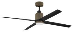 The Presley Indoor Ceiling Fan (PRS52MBZ4) features three sleek black blades, a ribbed cylindrical motor housing, a central dimmable LED light fixture, and is mounted on a short stem. This 52 fan boasts an elegant yet minimalistic modern bronze finish.