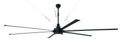 The Prost 144 Indoor|Outdoor Fan - PRT144FB6 is a modern black ceiling fan with six sleek blades, suspended by wires, seamlessly integrating an LED light into its minimalist design. Perfect for smart home devices, it combines functionality with cutting-ed