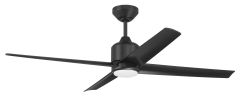 The Quell 52" Indoor/Outdoor Ceiling Fan (no Wifi-QUL52FB4-NWF) features a sleek black finish, three blades, a central light, and a reversible DC motor, mounted on a short downrod against a plain white background.