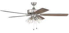 The Super Pro 104 Indoor Fan (S104xxx5-60) features brushed metal housing, reversible wooden blades, four downward-facing glass light fixtures, and dual pull chains for easy operation.
