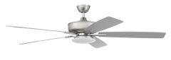 The Super Pro 112 Indoor Fan (S112xxx5-60) features a sleek metallic silver finish, five blades, and a modern design with an integrated dimmable LED light fixture at the center for optimal illumination and style.
