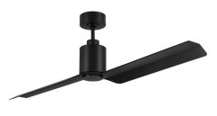 The Sleek Indoor|Outdoor Ceiling Fan - SLK56FB2 is a modern black ceiling fan with two sleek blades and a cylindrical motor housing, featuring energy-saving technology. It mounts on a short downrod with a circular ceiling fixture, offering style and effic