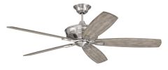 The Santori 60 Indoor Ceiling Fan (SNT60BNK5) is a modern, energy-efficient fan with five wooden blades and a brushed metal body, featuring a sleek central motor housing and silver downrod for contemporary ceiling attachment.