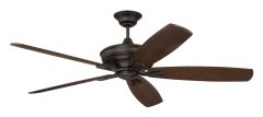 The Santori 60 Indoor|Outdoor Ceiling Fan - SNT60ESP5 features five wooden blades in a dark finish and a bronze-like central fixture. This energy-efficient fan offers a traditional design with an ornate hub, perfect for indoor and outdoor settings.