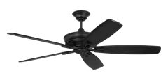 The Santori 60 Indoor|Outdoor Ceiling Fan (SNT60FB5) is displayed against a white backdrop. Its black design boasts five blades, a modern motor housing, and simple style, complemented by an IDC remote and reversible DC motor for versatile use.