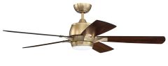 The Stellar Indoor Fan - STE52SB5 is a modern ceiling fan with a brass body and five dark wood blades. It features a reversible motor for optimal comfort and includes a central light fixture with a frosted cover, suspended by a short, matching brass rod.