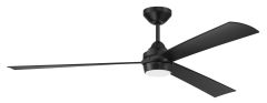 The Sterling Indoor|Outdoor Fan - STL60xxx3 features a modern design with three sleek black blades, a central round LED light, and is powered by a reversible DC motor. Photographed from an angle against a white background, it perfectly blends style with f