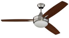 The Targas Indoor Ceiling Fan - TG52xxx3 features a modern tri-blade design and a central light fixture with a brushed metal finish, offering dimmable LED lighting for customizable ambience.