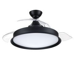 The Union Indoor|Outdoor Fan - UN42FB3 boasts a modern design with a round black frame and a central dimmable LED light panel. It features three curved, clear blades and includes a black mounting fixture.