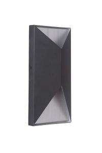 The Peak - Z3402 is a sleek, modern rectangular wall-mounted light with a dark exterior and metallic accents. It features two triangular cutouts for an abstract geometric pattern, making it perfect for any outdoor space.