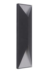 The Peak - Z3422 is a sleek, wall-mounted outdoor fixture with a matte black finish and modern design. It features triangular panels on both ends that emit light, creating a masculine look.