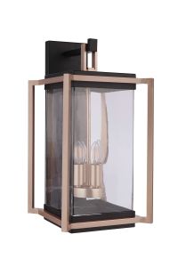 The Metalwork - ZA6524-MNSB wall lantern features a sleek black and bronze finish, clear glass case, and two exposed bulbs within a geometric rectangular metal frame, ideal for adding elegant outdoor lighting to any space.
