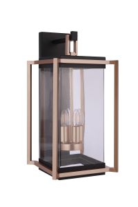 The Metalwork - ZA6534-MNSB modern outdoor wall lantern showcases two candle-style bulbs within its sleek rectangular design, featuring a bronze and black finish. Its transparent glass enclosure embodies the elegance of Metalwork Outdoor Lighting in outdo