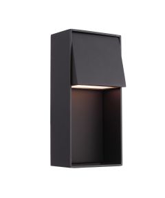 The rectangular Nook ZA6702-MN-LED in black features a minimalist design with a slightly angled top cover. This Dark Sky-rated outdoor wall light casts a gentle downward glow, elegantly mounted against a plain white background.
