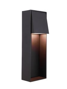 This sleek black wall-mounted outdoor light, model ZA6712-MN-LED from the Nook collection, features a rectangular shape with a slanted top cover. It emits warm downward light for a minimalist design perfect for modern exteriors and is Dark Sky-rated.