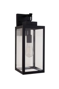 The Marin - ZA6814-TB exterior lighting collection features a black rectangular outdoor wall lantern with clear glass, showcasing a visible bulb. This classic design is mounted on a sleek black bracket, combining modern minimalist aesthetics with versatil