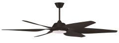 The Zoom Indoor|Outdoor Fan - ZOM66FB6 features a modern black design with six sleek, curved blades and a central dimmable LED light fixture. It mounts on a short rod for indoor energy-saving use and boasts an elegant, minimalist aesthetic.