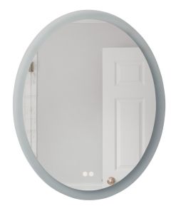 The LED Lighted Mirror - MIR101-W reflects a gray wall, an open white door, and part of a tiled shower stall. With adjustable light color and memory function, it offers style and functionality while showcasing its simplicity and elegance.