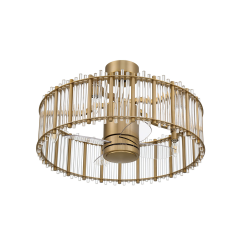 The Reveal Indoor Ceiling Fan - RVL28xxx4 features a modern fandelier with a circular metallic gold frame and thin vertical bars enclosing transparent fan blades, blending sleek design with functionality, perfect for smart home setups.