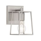 The Dunn - 12105 is a modern wall sconce from the Dunn vanity collection, showcasing a minimalist metal design with a brushed nickel finish, featuring an open-frame geometric shape and exposed bulb, all mounted on a square backplate for a transitional loo