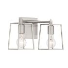 The Dunn - 12113 is a modern wall sconce from Craftmades vanity collection, featuring two exposed light bulbs within geometric brushed metal frames and mounted on a square metal base, offering a sleek transitional design to complement any décor.